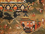 British Museum Top 20 Buddhism 15-2 Buddha With Scenes Of His Former Lives Tangka Close Up 15. Shakyamuni Buddha With Scenes Of His Former Lives Tangka Close Up � Tibet, around 1600, 71 x 48 cm. Here is the bottom right corner of the tangka showing three of Shakyamuni Buddha�s former lives, or jatakas: Mahabodhi, Great Ape, and Skarabha Deer. Photo � Marilyn Rhie and Robert Thurman: The Sacred Art Of Tibet.